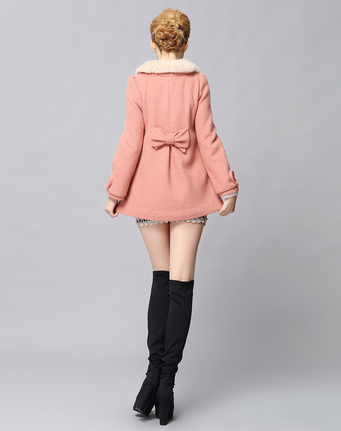 皮粉色毛领韩版大衣