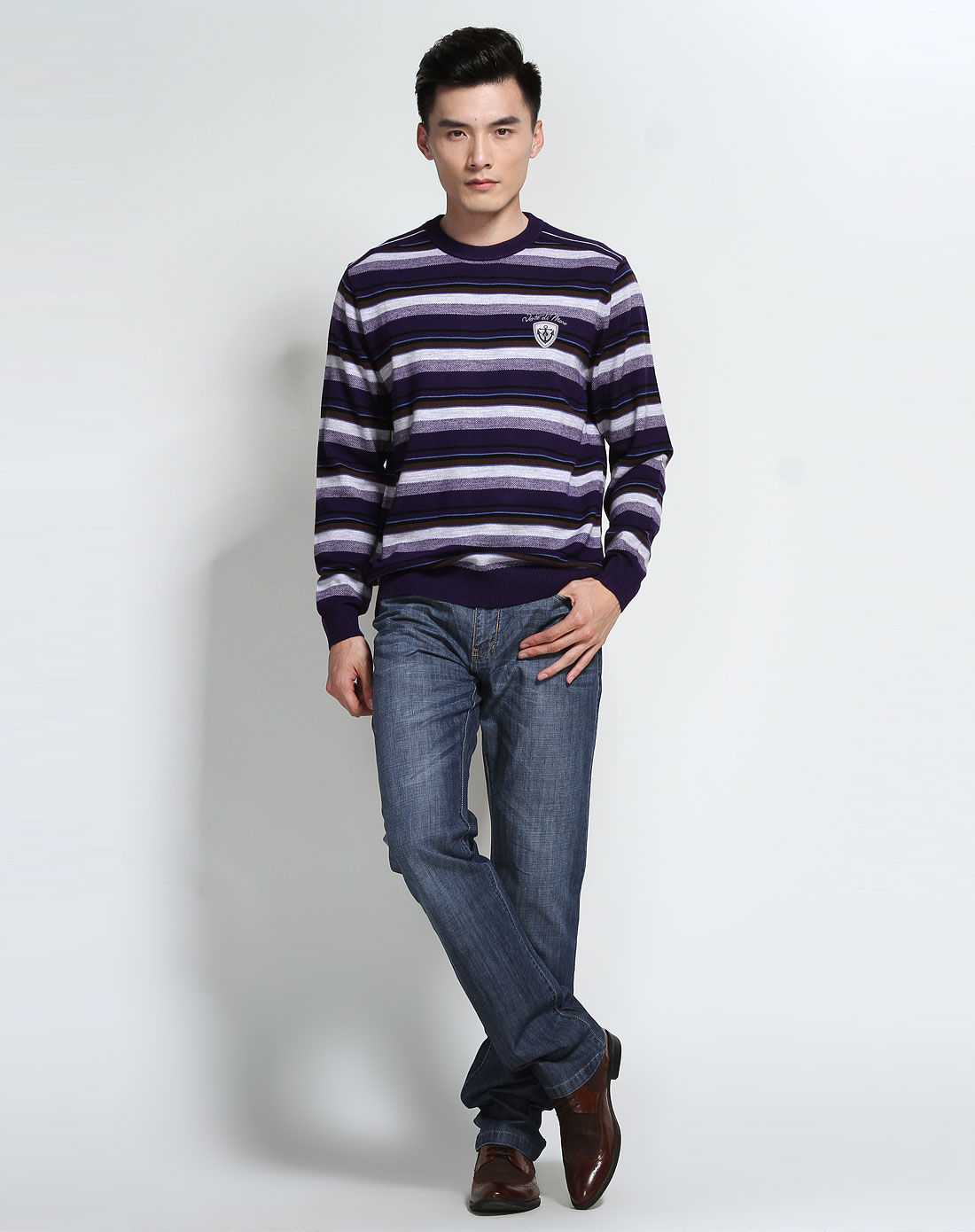 纳维凯尔 紫色圆领舒适条纹100%羊毛长袖针织衫