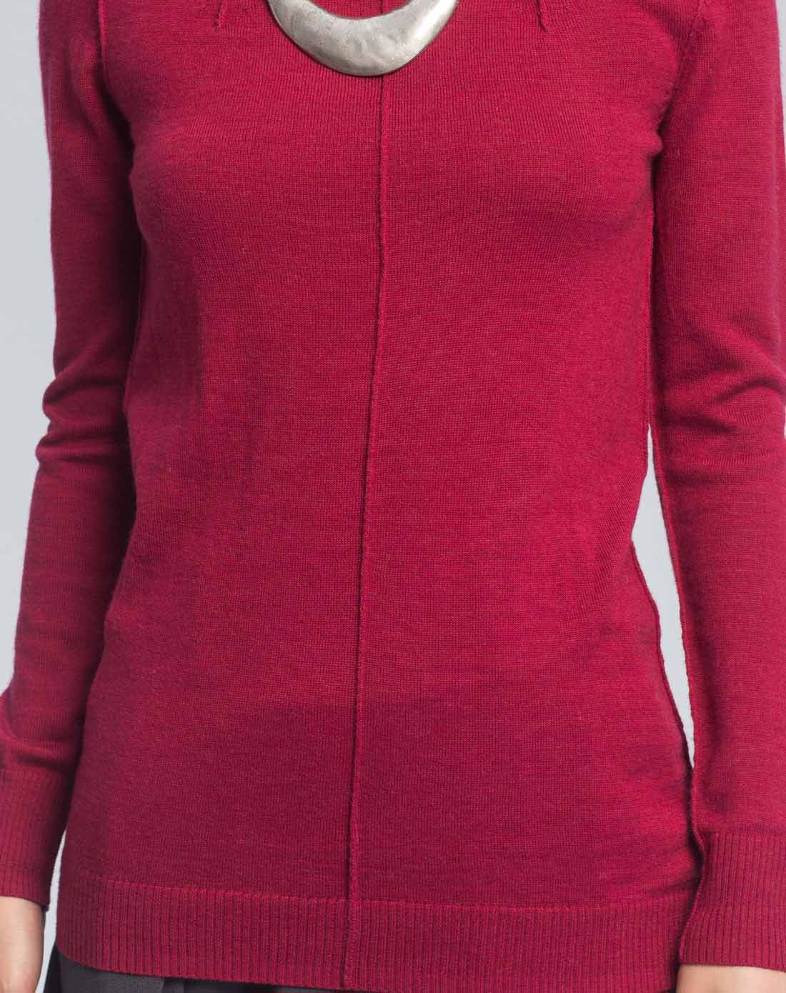 绛红色修身时尚长袖针织衫