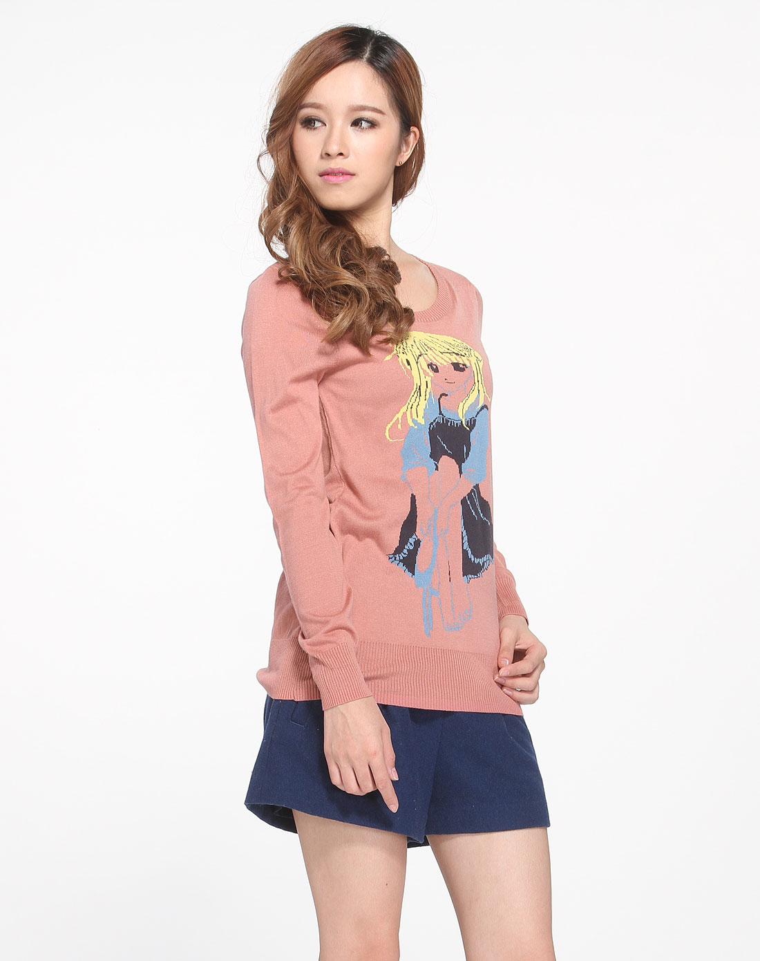 深肉粉色少女提花百搭长袖连衣裙