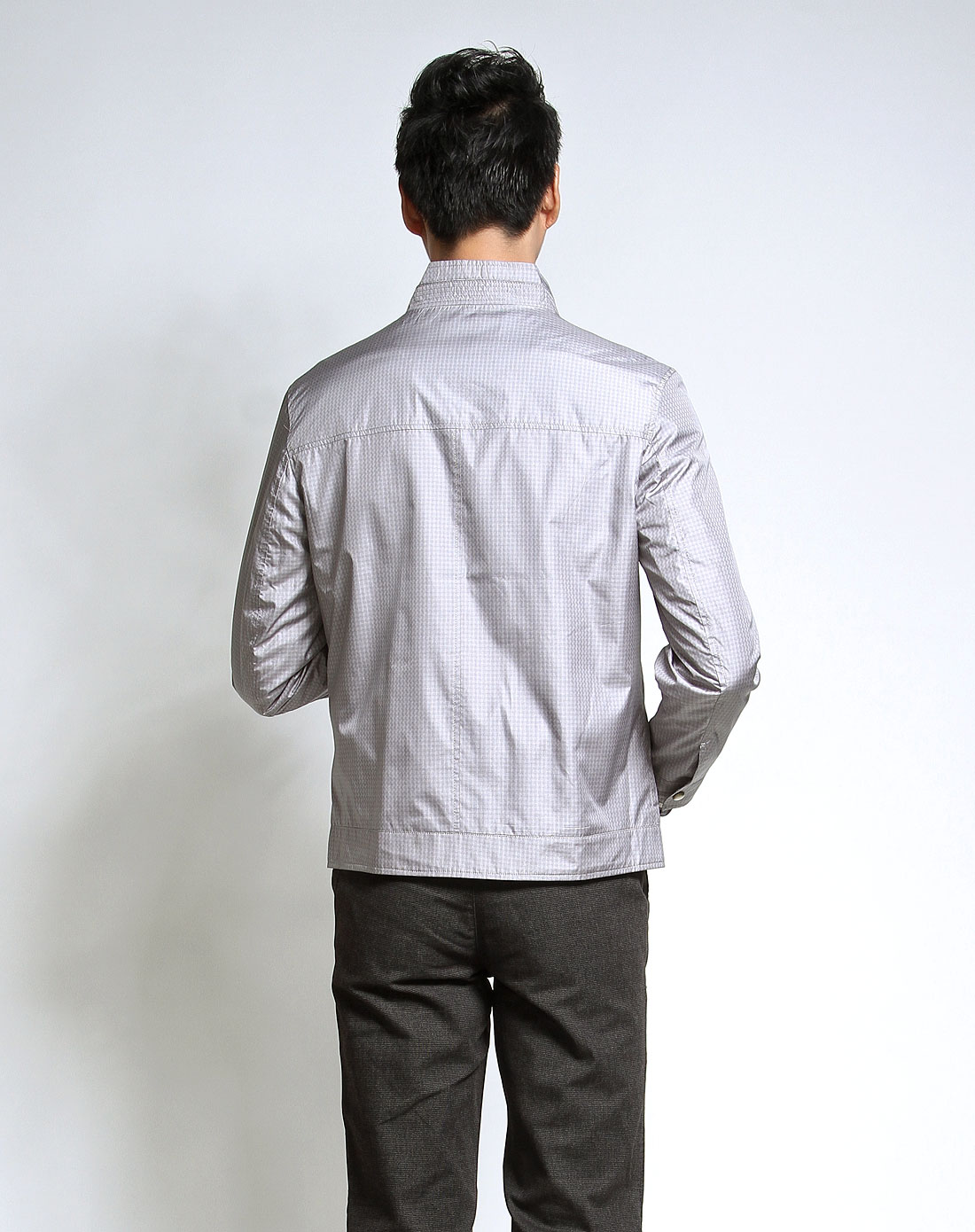 银灰色时尚细条纹格子长袖薄款夹克