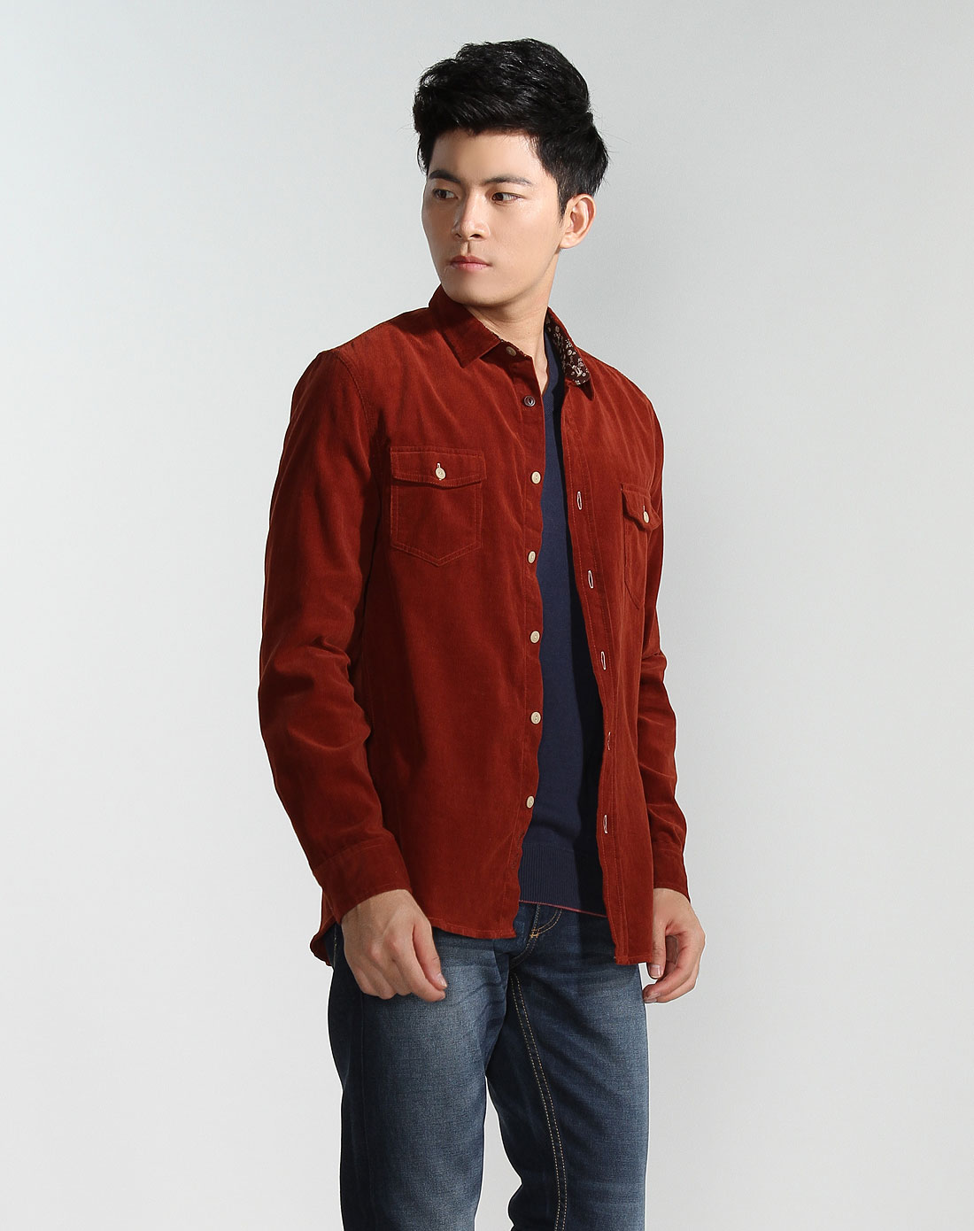 男款棕红色线条纹长袖衬衫