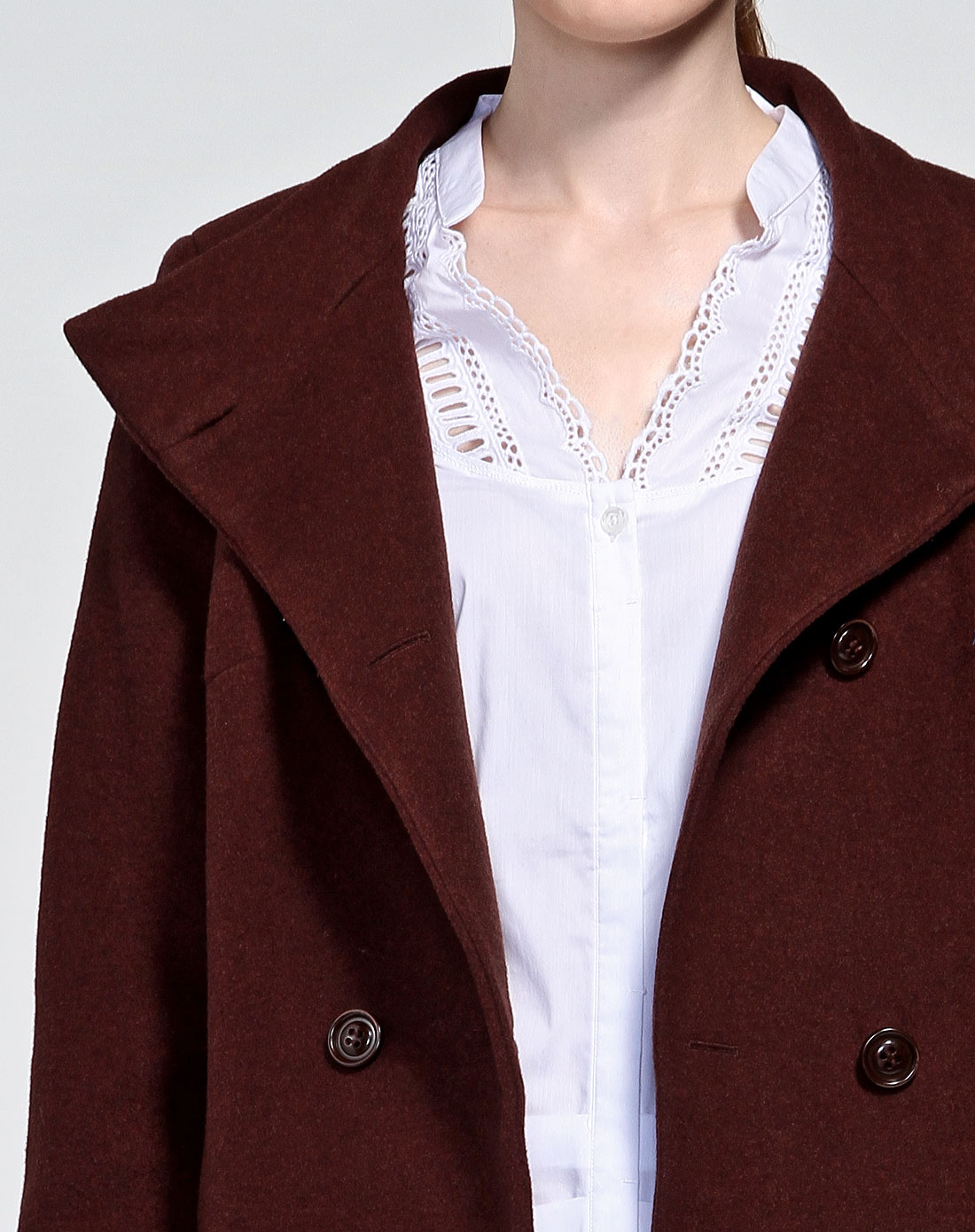 女款军式立领咖红色长款长袖大衣