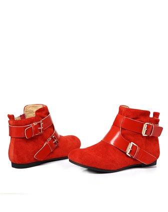 女款浅橙红色/鲜红色羊反绒平跟矮靴