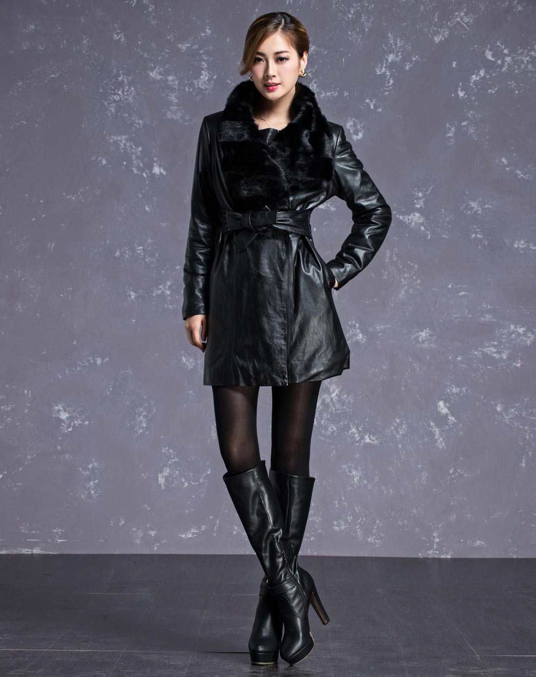 女装黑色反领水貂毛中长款皮大衣