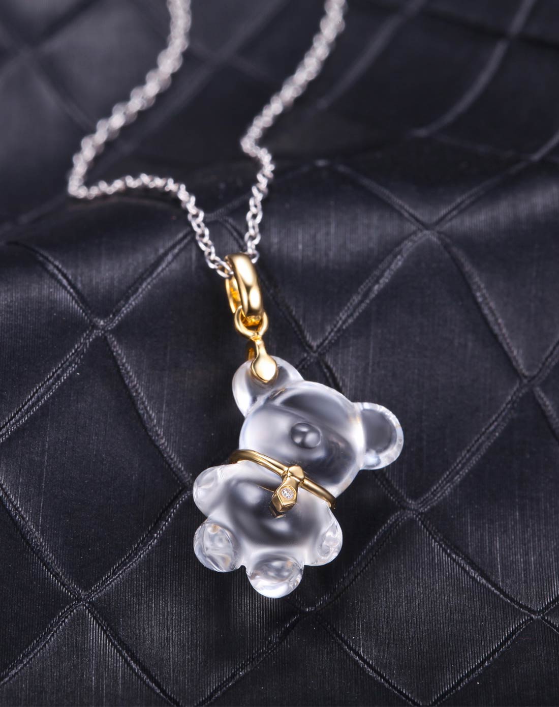 18k金白水晶泰迪熊吊坠 附证书