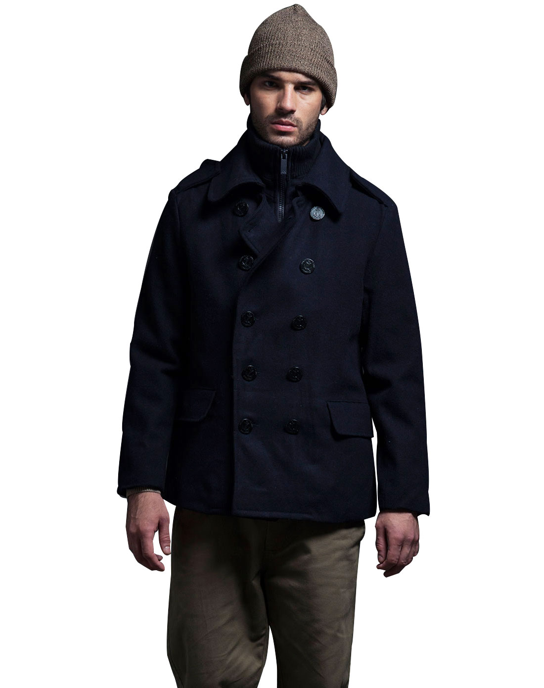 男款藏蓝色海军款双层领呢大衣
