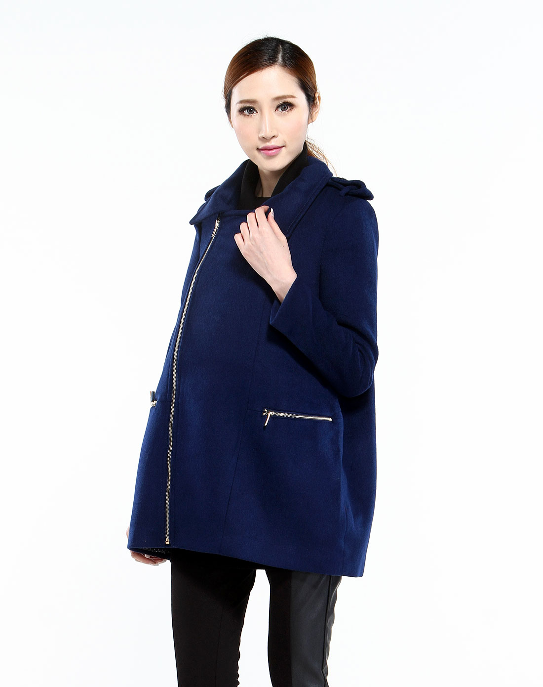 时尚韵味青蓝色侧拉链长袖大衣