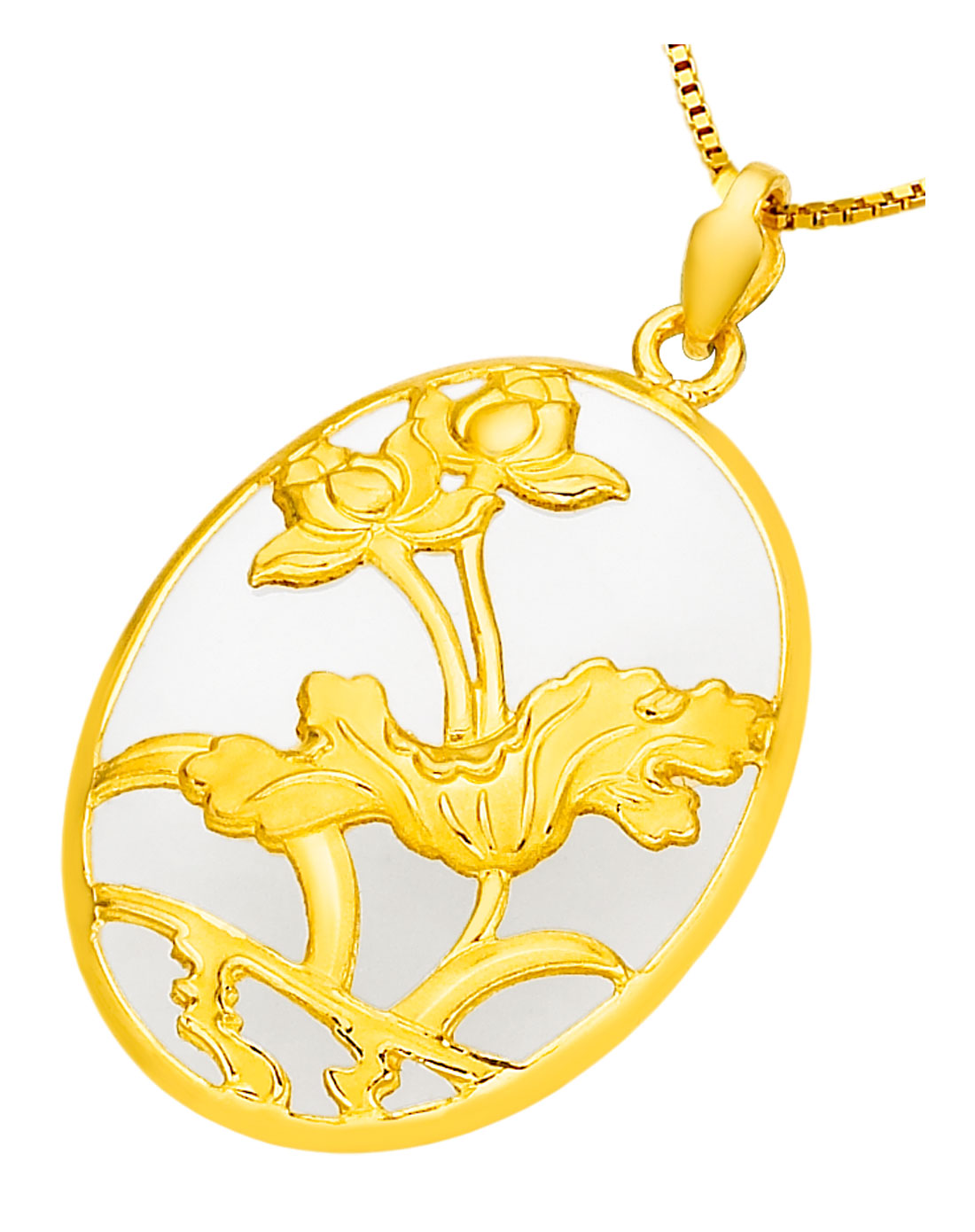 千足金镶和田玉吊坠-映日荷花(赠送金色银链)