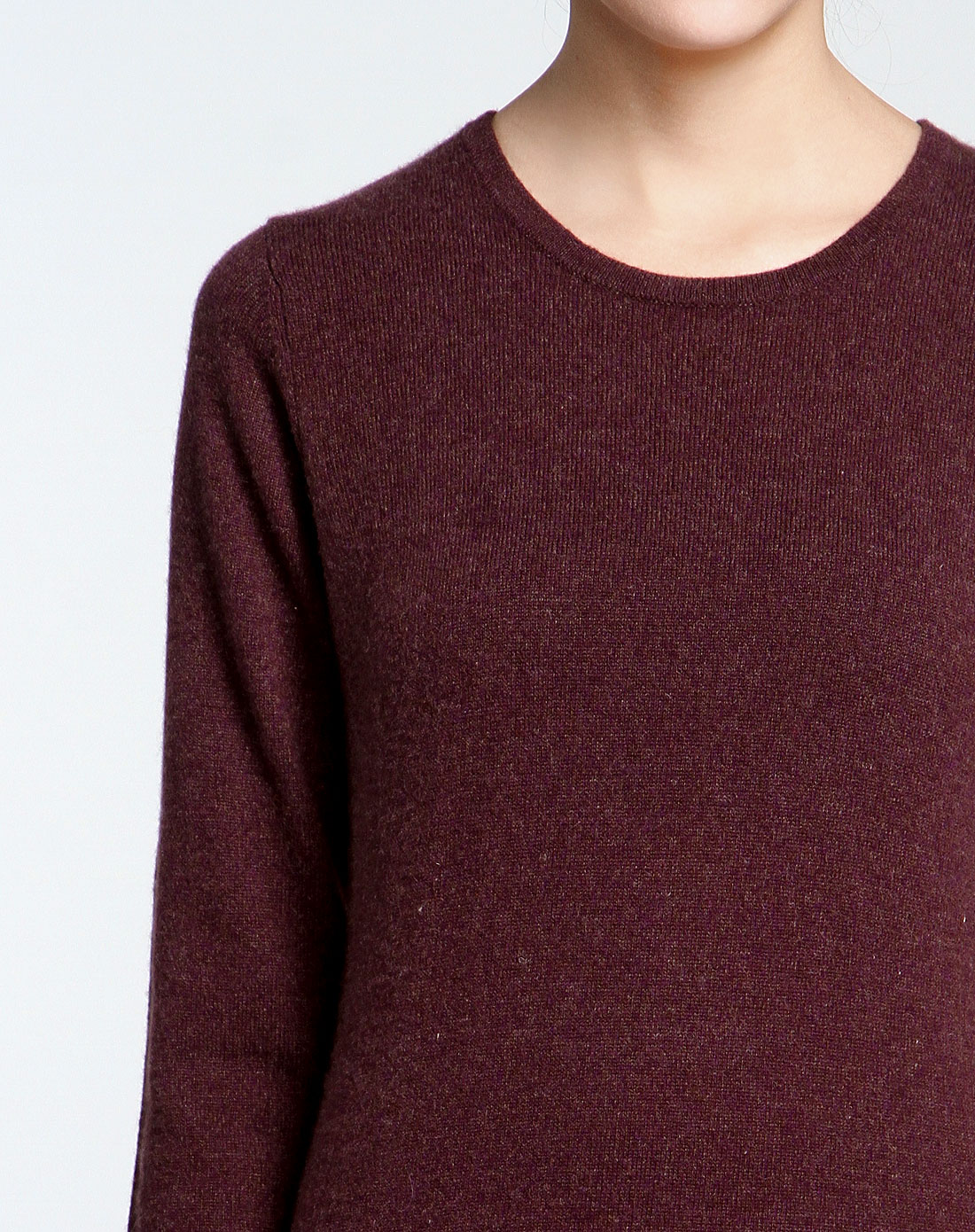 紫啡色舒适圆领长袖100%山羊绒衫