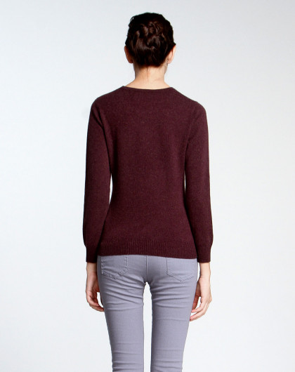 紫啡色舒适圆领长袖100%山羊绒衫