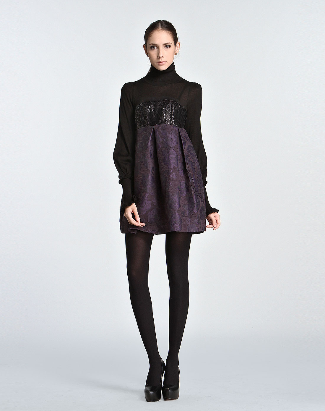 卓雅jorya&卓雅周末jorya weekend女装卓雅紫/黑色提花拼接长袖连衣裙