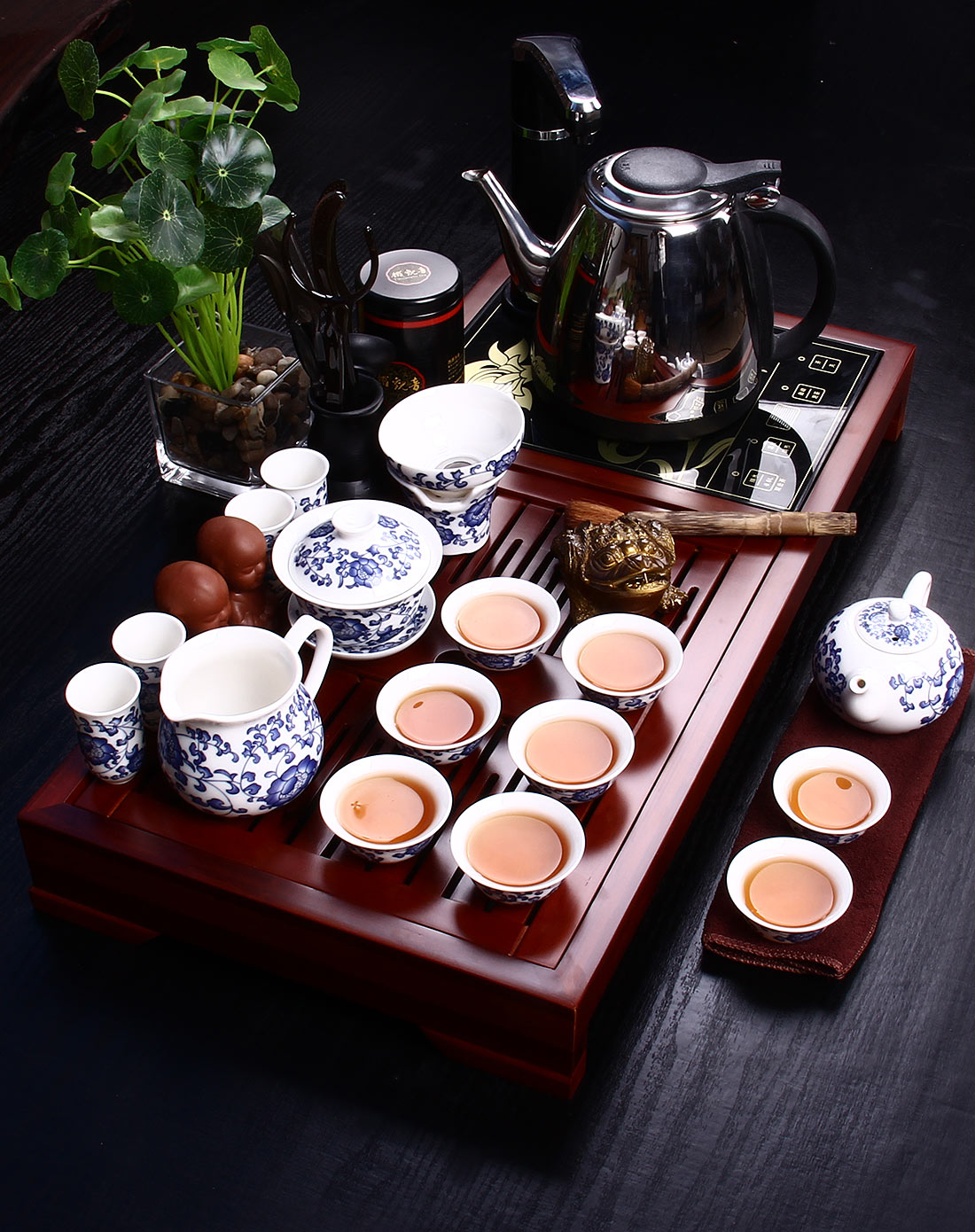 青花瓷陶瓷功夫茶具红色小家居竹茶盘套装