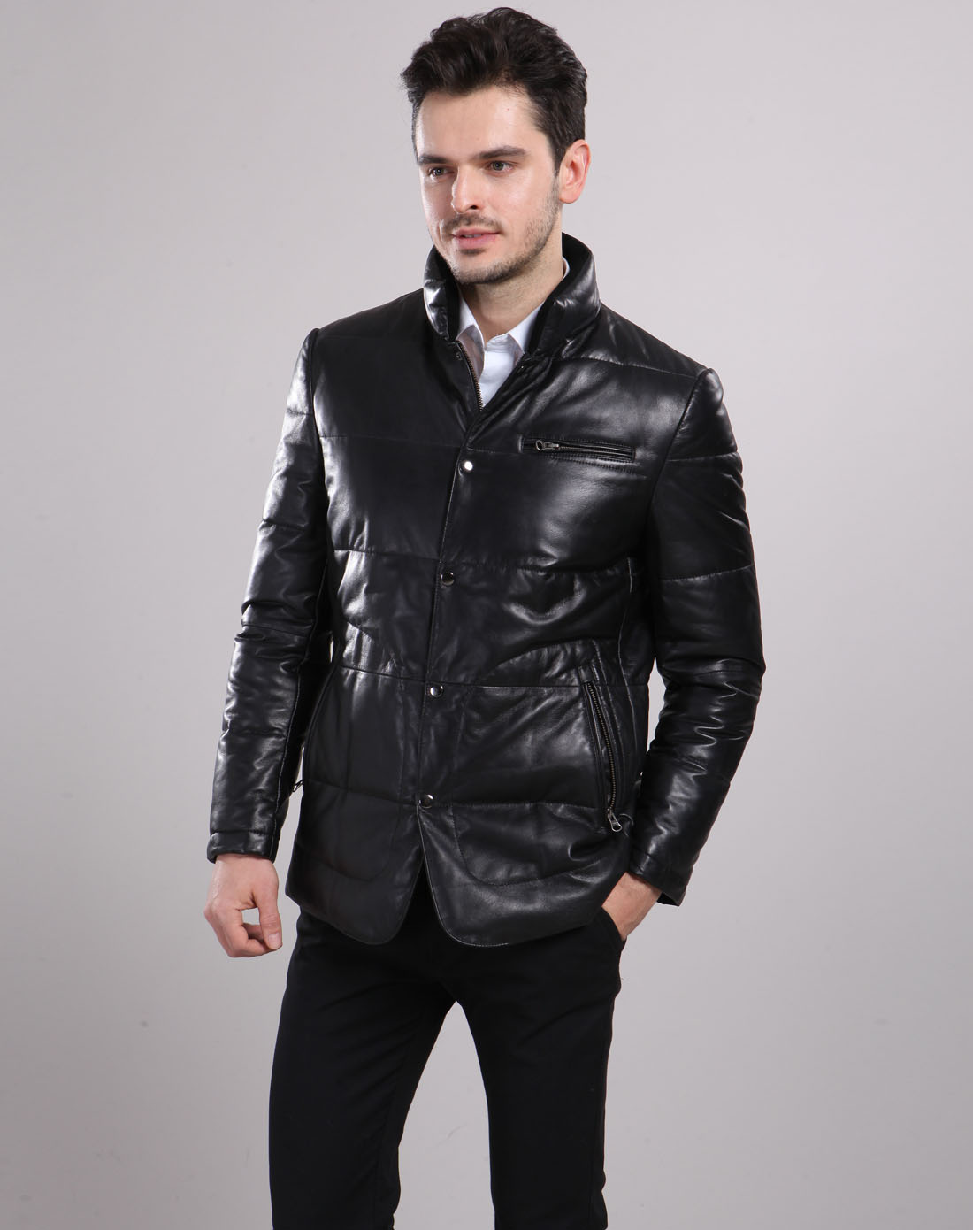 男款黑色绵羊皮羽绒皮衣