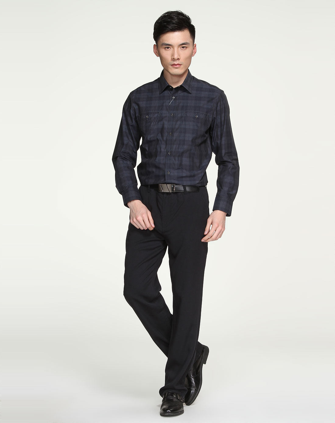 男士衬衫领暗蓝灰色格子休闲长袖衬衫