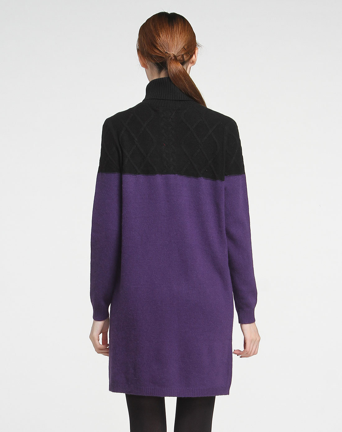 玖熙nine west 高领拼色休闲紫黑色长袖针织衫