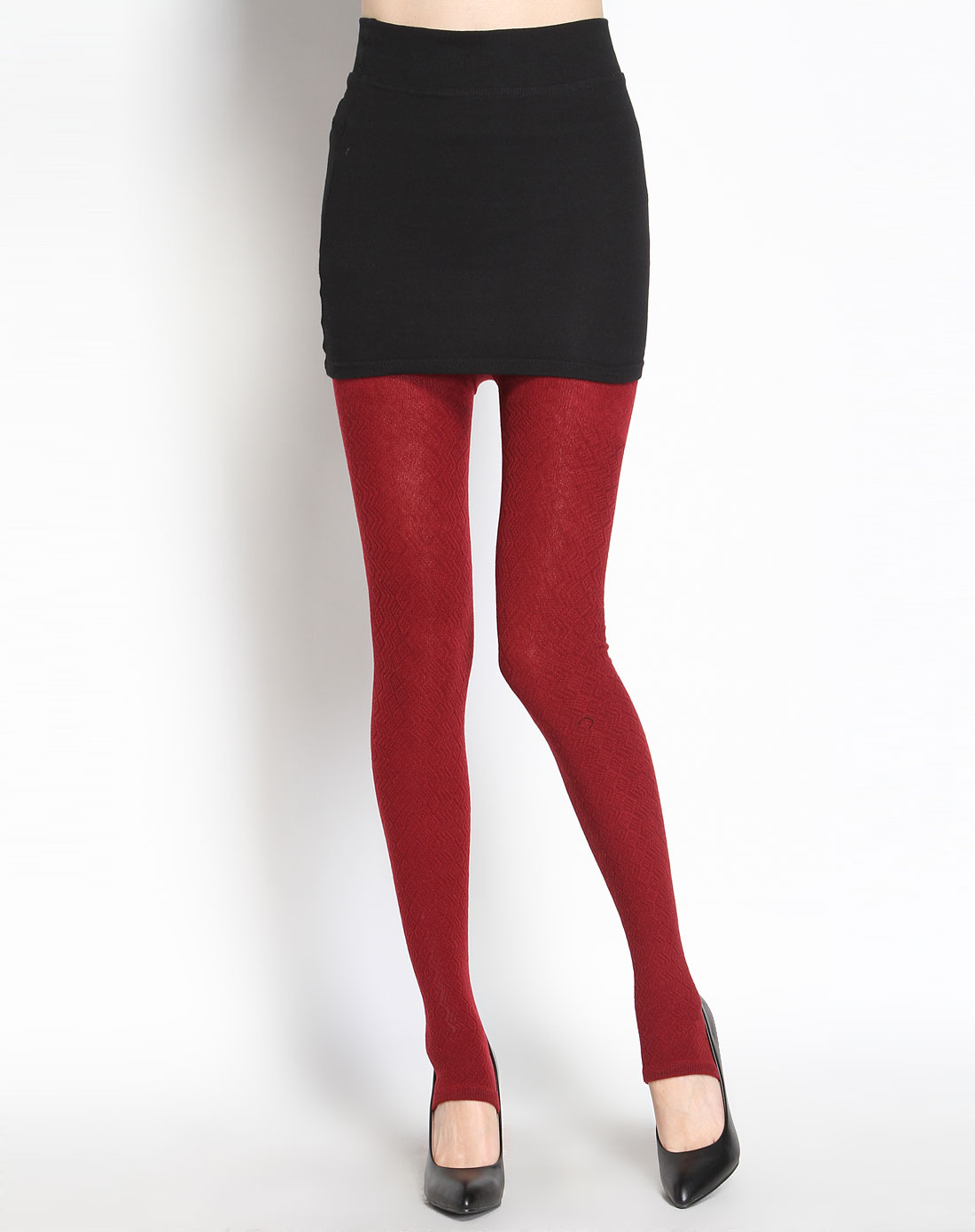 女款酒红色时尚提花踩脚裤袜