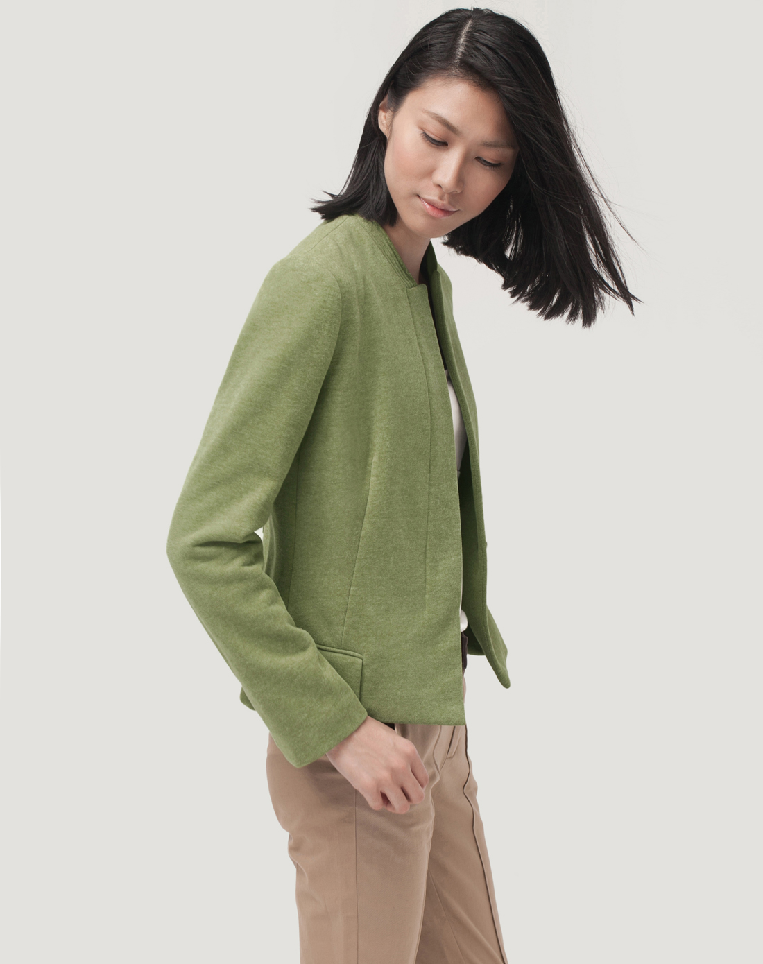 橄榄绿无领假口袋后开叉西装外套