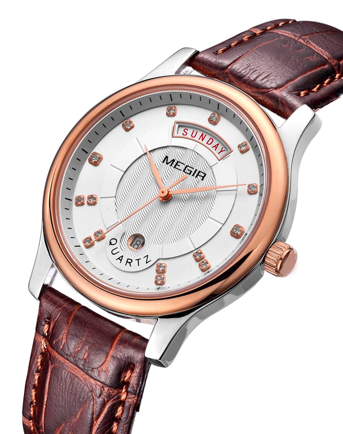 美格尔megir手表专场-男款白间玫皮带石英表