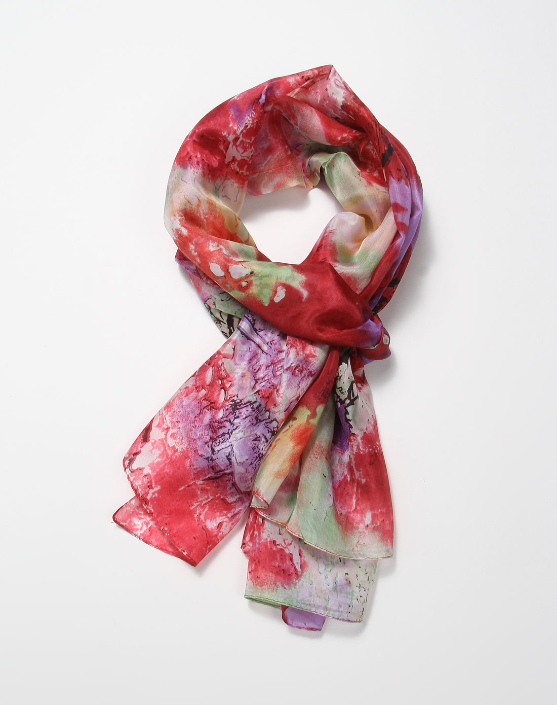 女款绚丽红紫红色印染100%桑蚕丝围巾