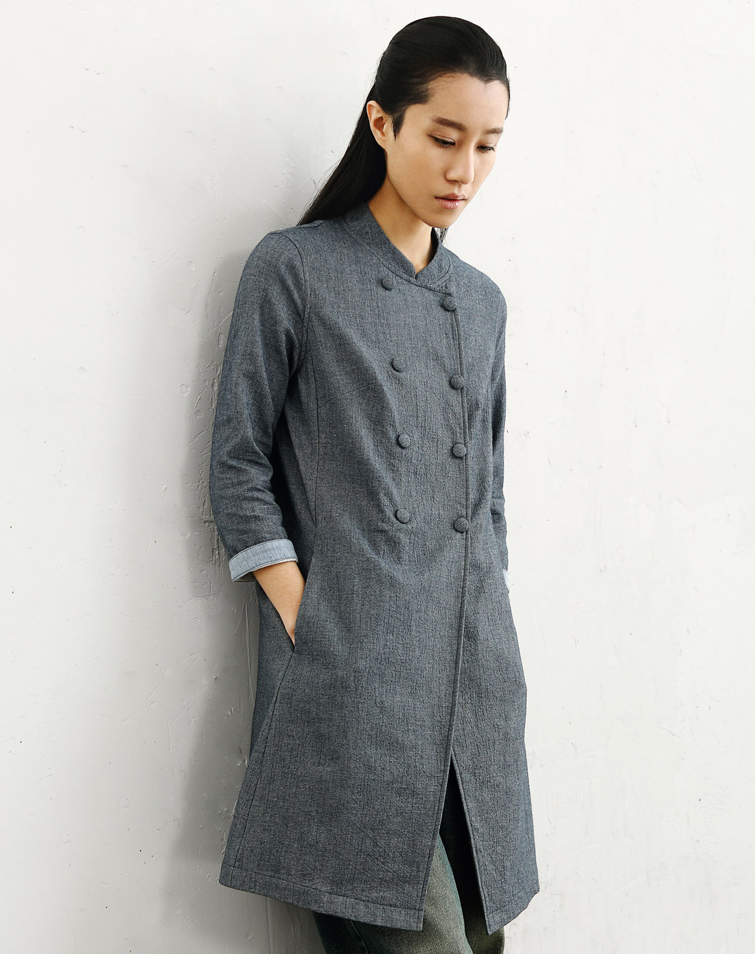 素缕souline女装专场-灰色《尘埃落定》修身双排扣九分袖风衣