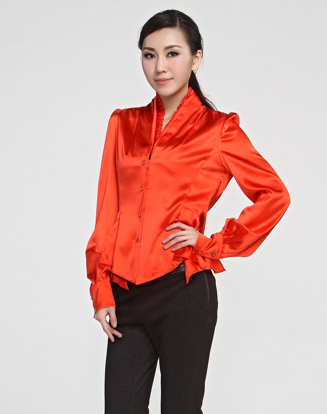 橘红色百搭个性长袖衬衫