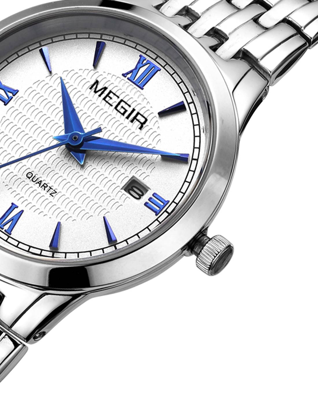 女款蓝针白面钢带石英表