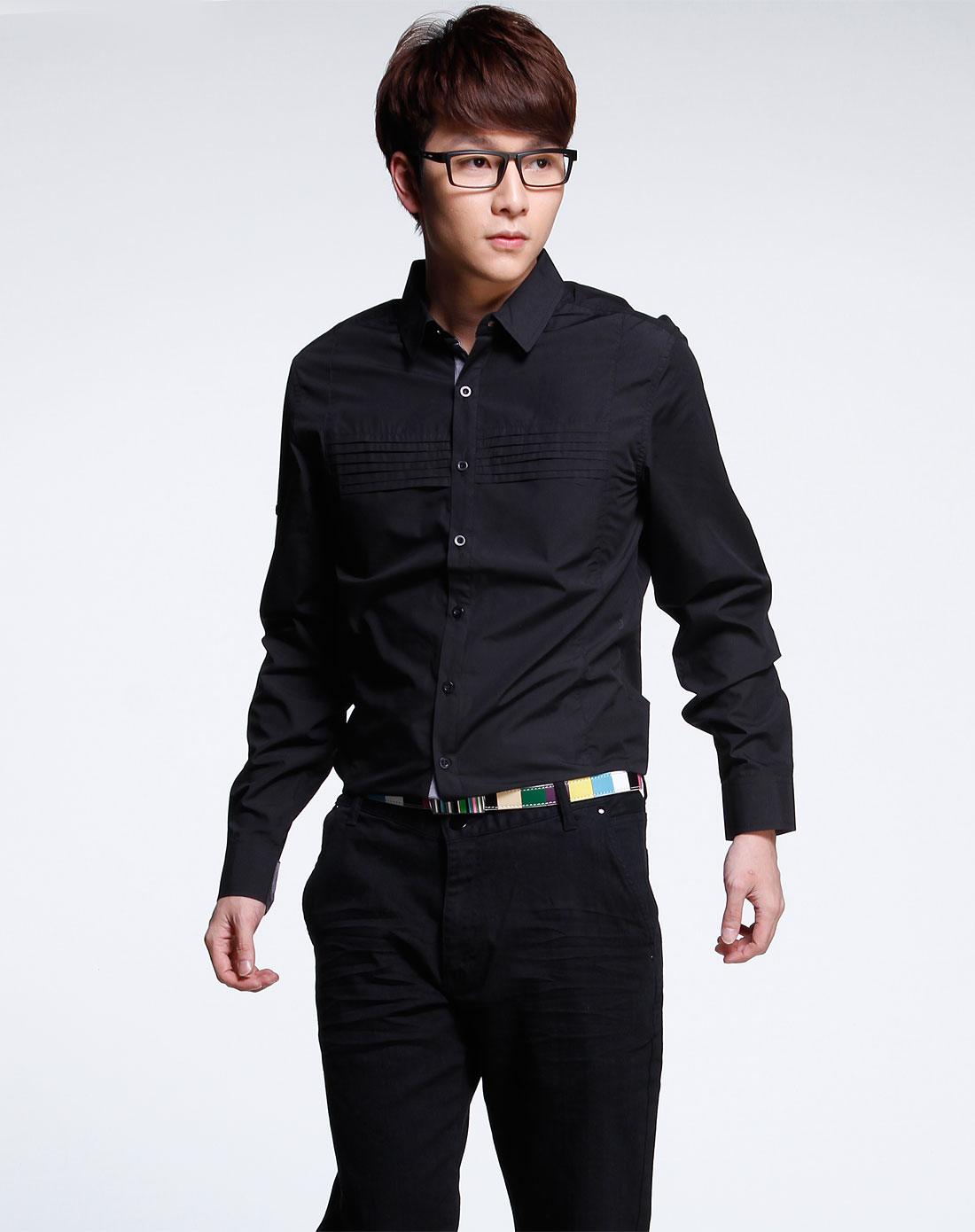 owenwong 男款黑色简约商务长袖衬衫