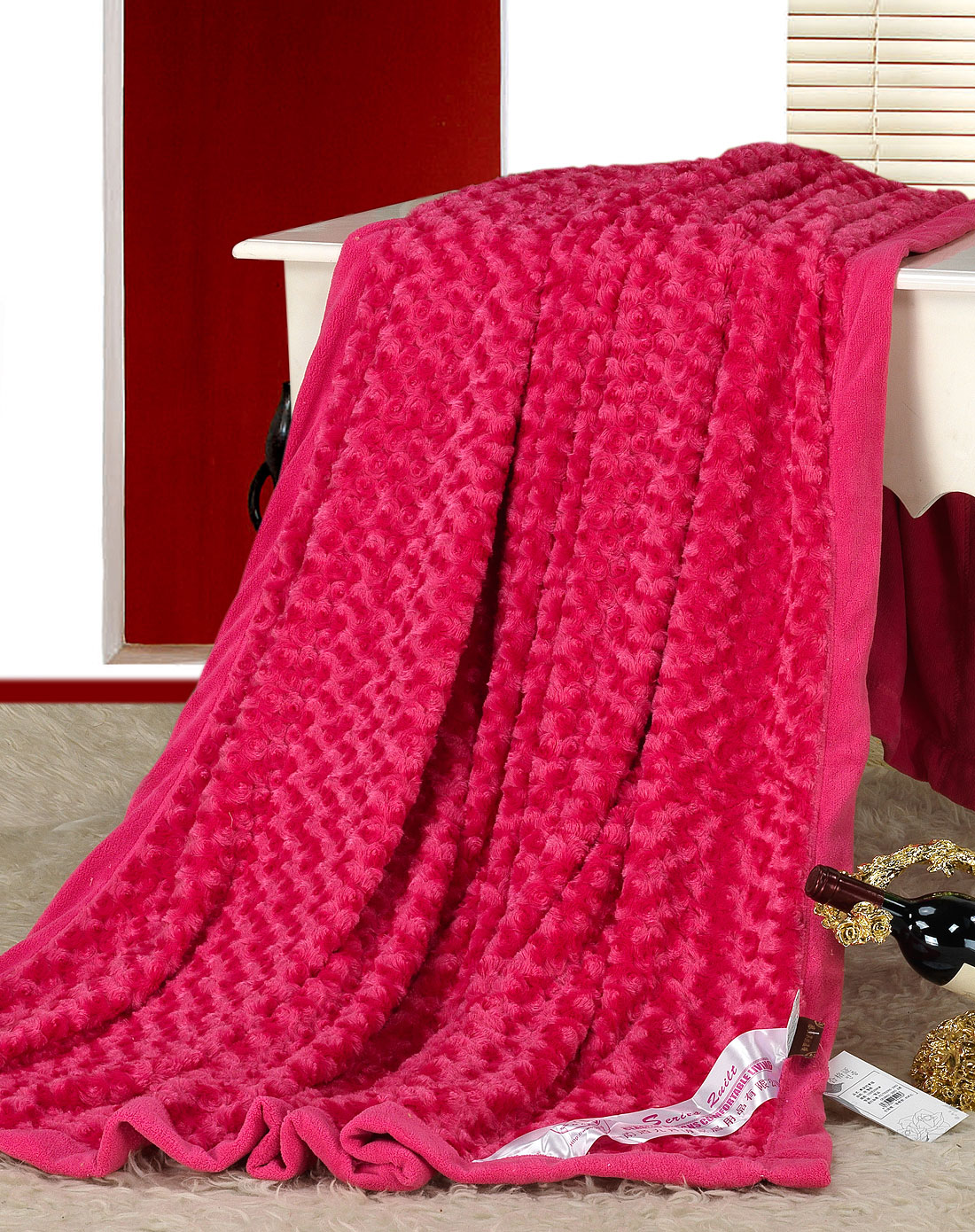 玫瑰绒四季毯-玫红