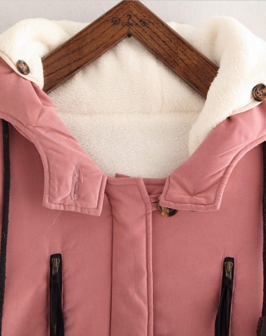 深藕粉色连帽休闲长款长袖棉衣