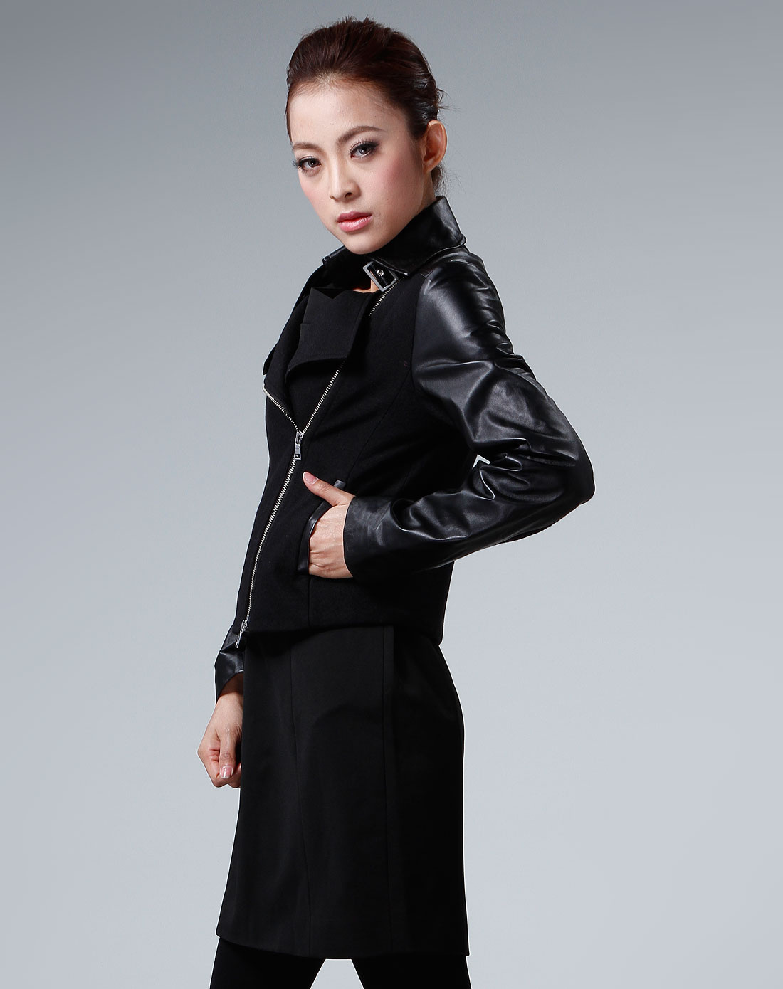 最后约惠-女装专场 > 女款正黑全羊毛拼皮机车夹克