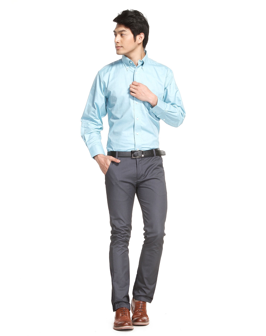 男士蓝绿色简约时尚长袖衬衫