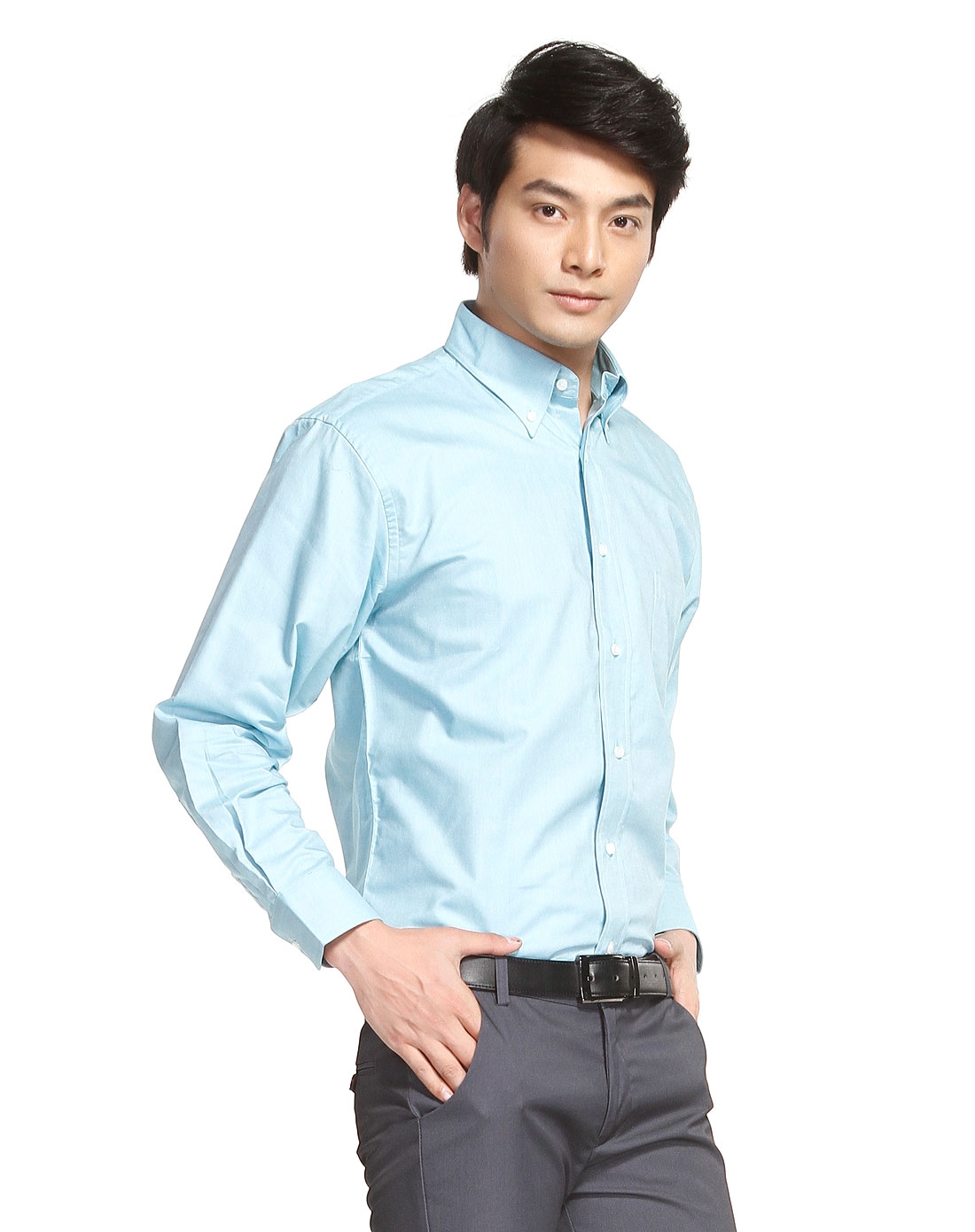 男士蓝绿色简约时尚长袖衬衫