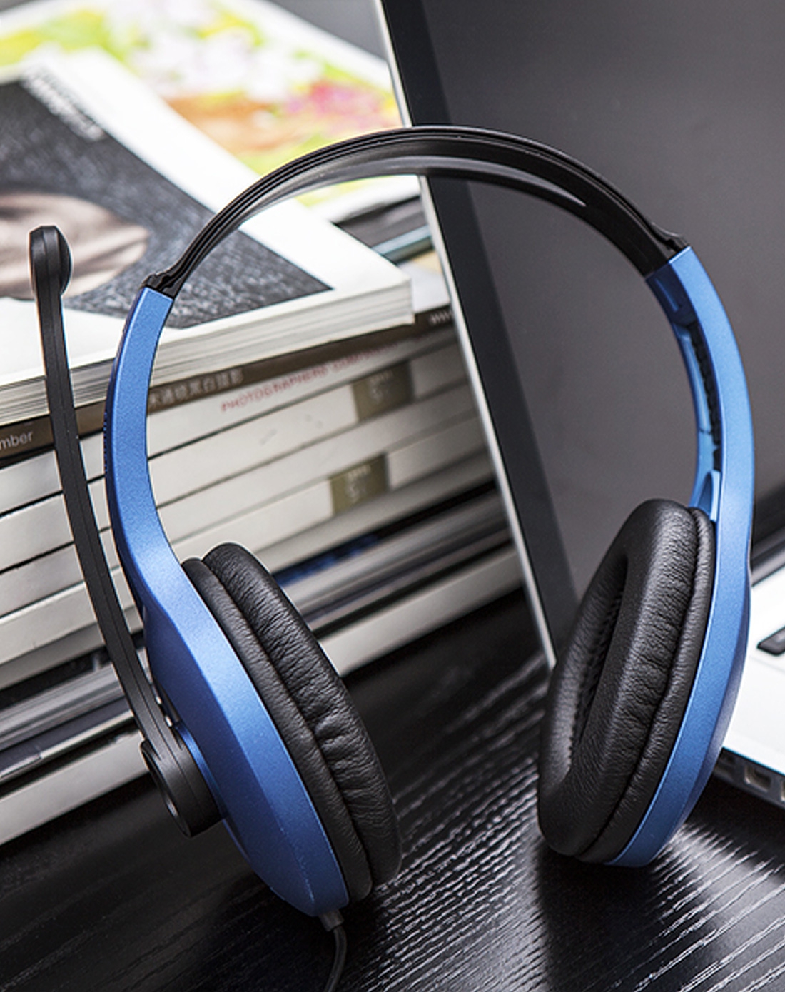 漫步者蓝色升级版线控带麦语音立体声耳机(蓝色)