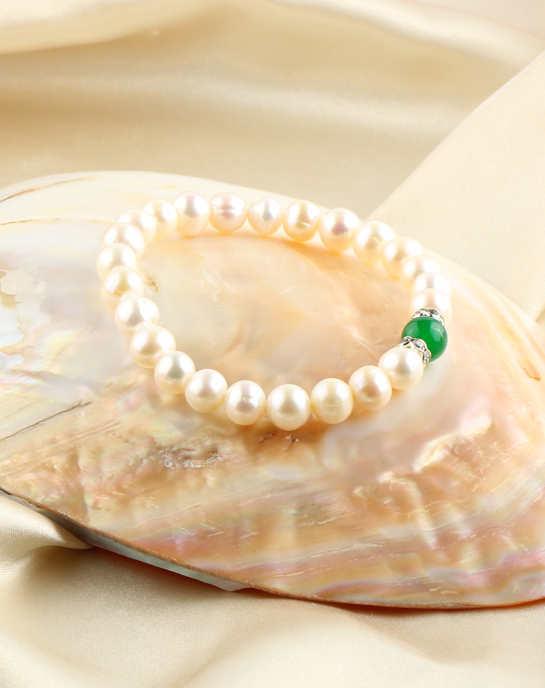 女款珍珠绿色单珠手工精编手链 附证书