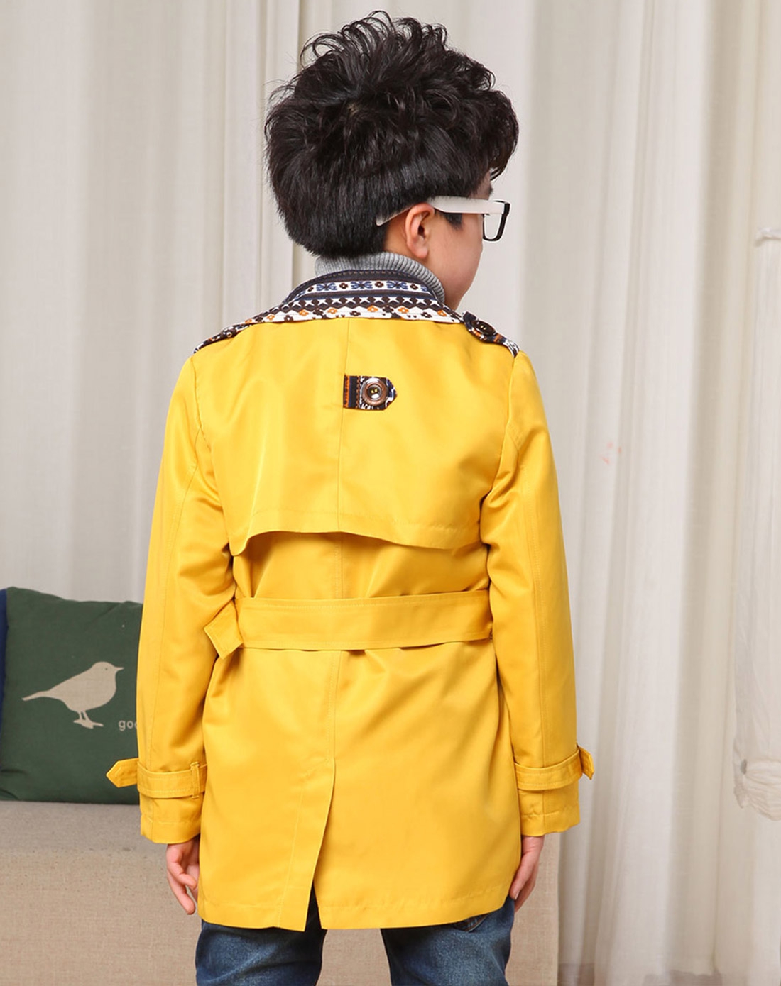 男童黄色双排扣小鹿拼色休闲风衣