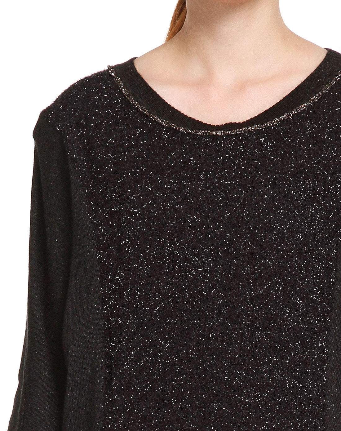 福柯斯focals 时尚毛织镶拼黑色长袖针织衫