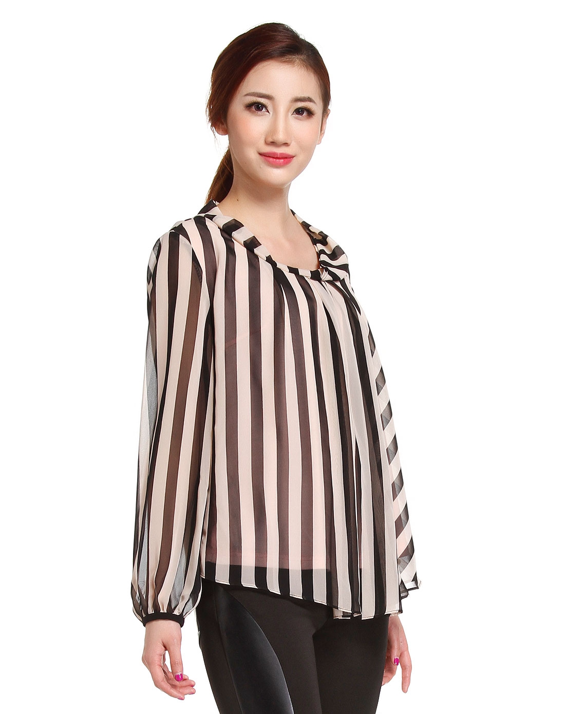 福柯斯focals 粉色条纹雪纺长袖衬衫