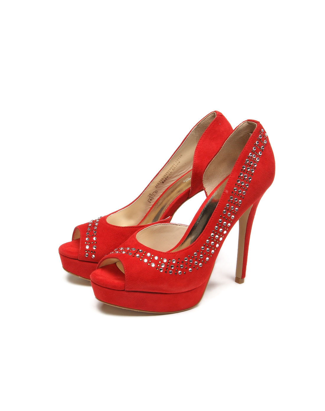 红色贴仿钻鱼嘴高跟鞋