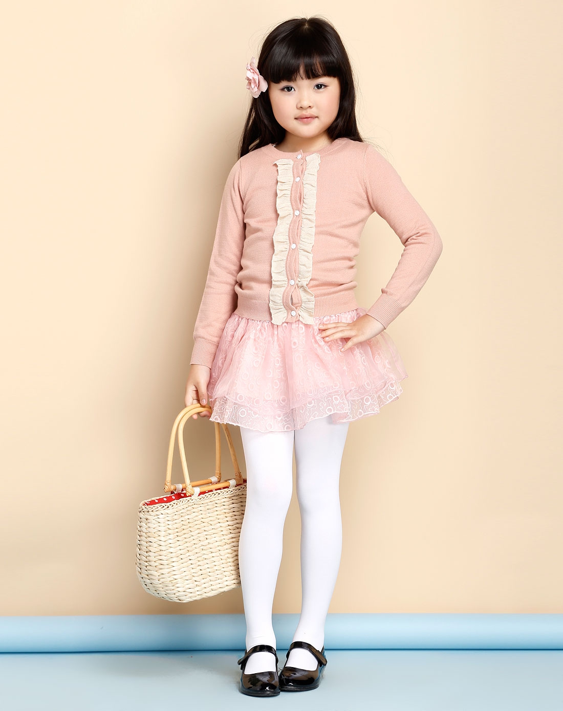 女童深裸粉色开襟花边长袖针织衫