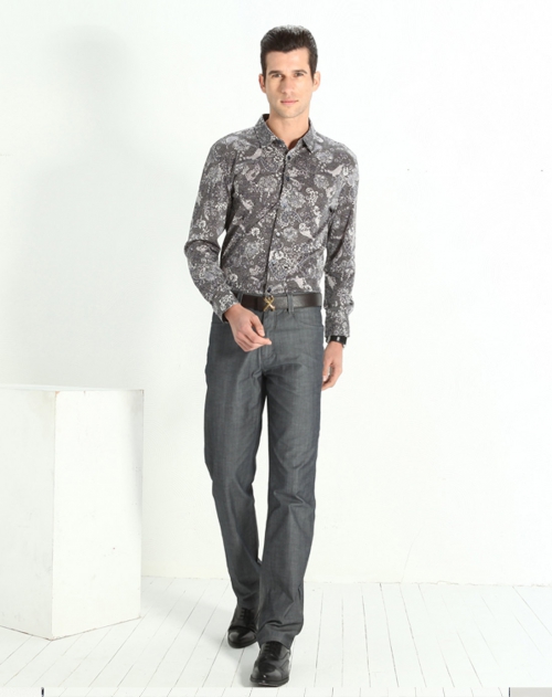 劲霸 浅紫灰色长袖丝光棉衬衫