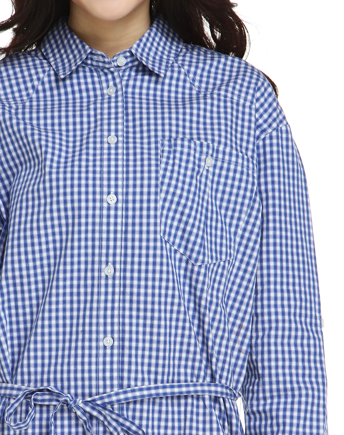 细格子蓝色长款长袖衬衫