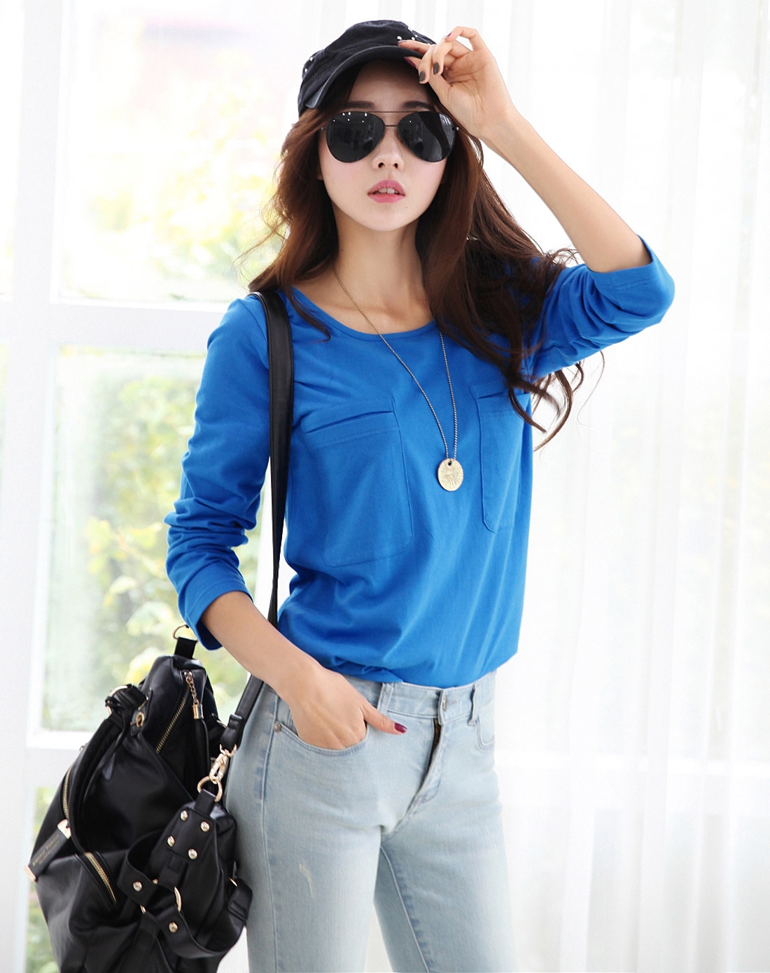 蓝色长袖大码宽松长袖t恤