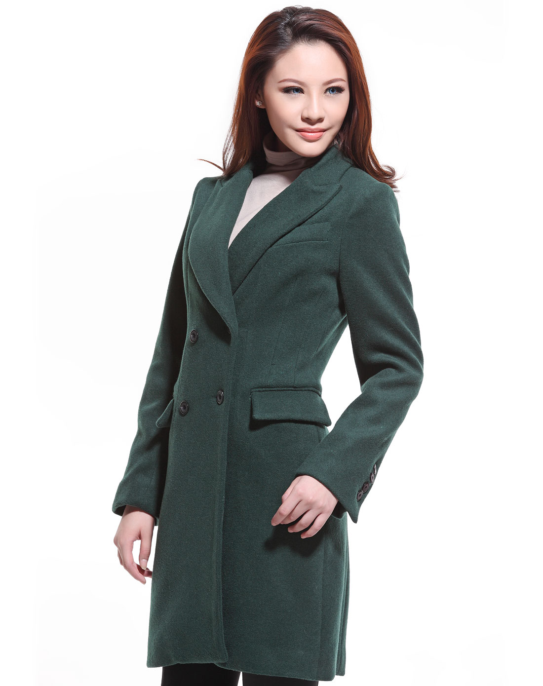 女款墨绿色双排扣毛呢大衣女外套