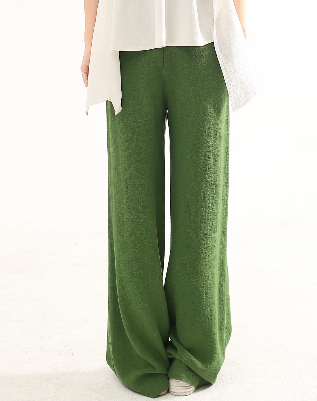 绿色《绿野风》复古刺绣中腰直筒女休闲裤