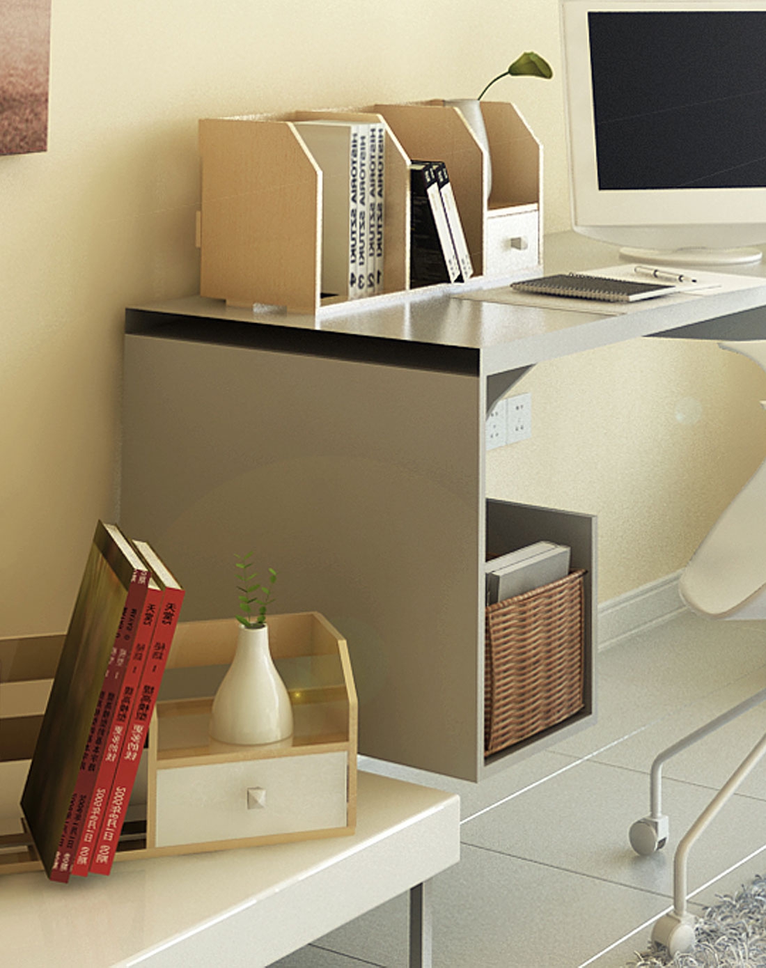 时尚创意榉木色桌面带抽书架