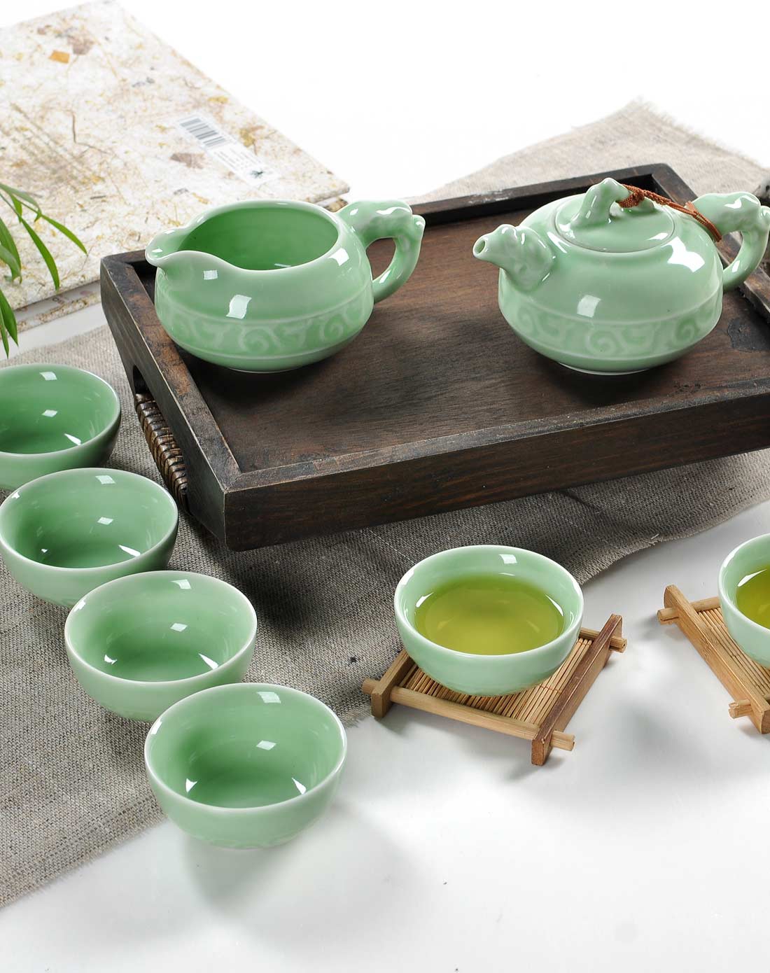 吉祥如意8头青瓷茶具礼盒装