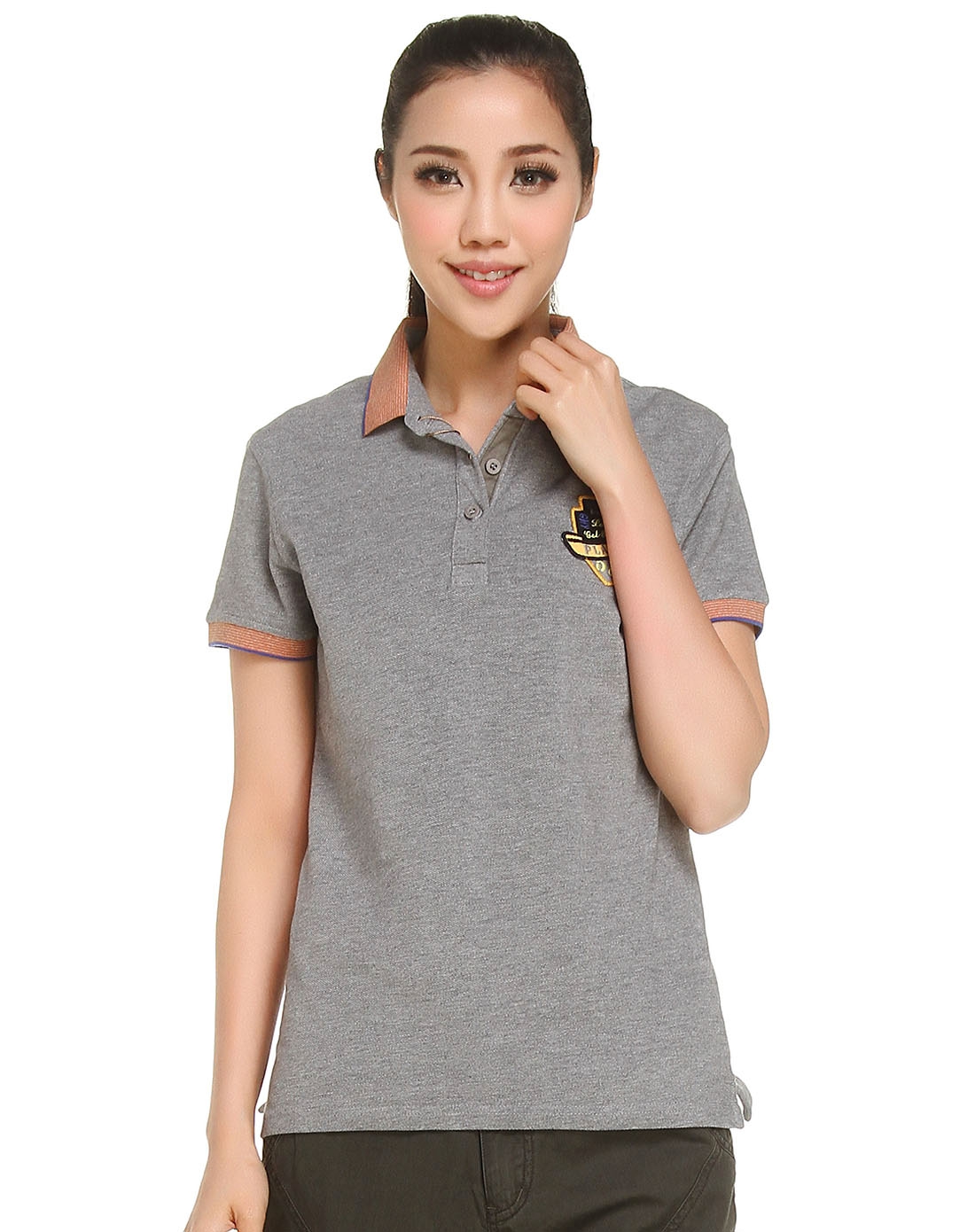 纯棉彩条领口女款浅灰色短袖polo衫