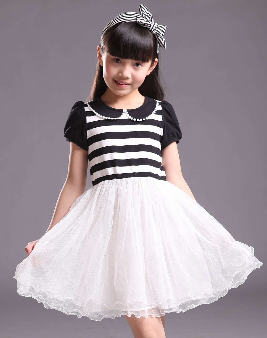 笛莎deesha女童装专场-女童黑白条连衣裙