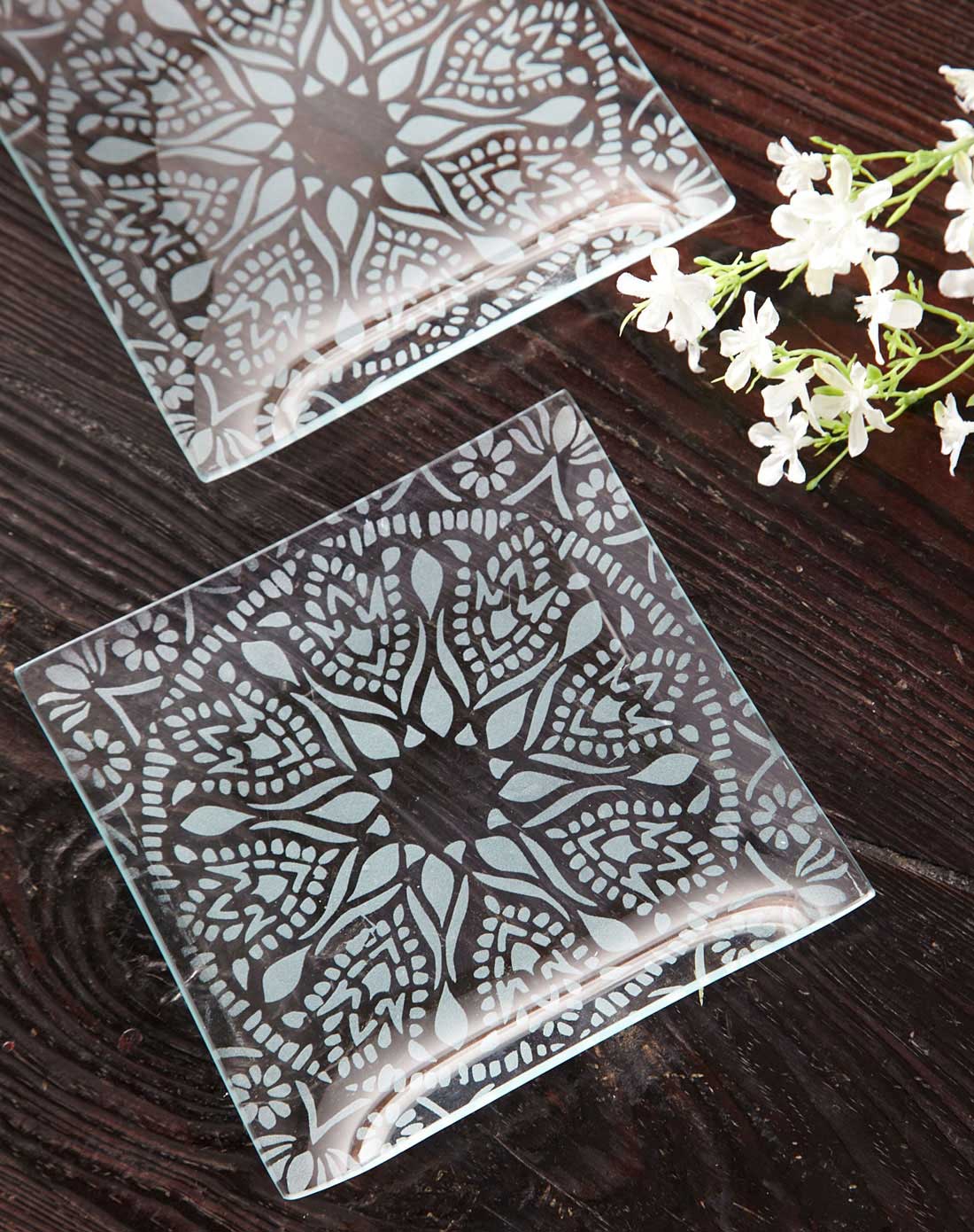 6英寸蕾丝柔情喷砂玻璃艺术果盘两件套